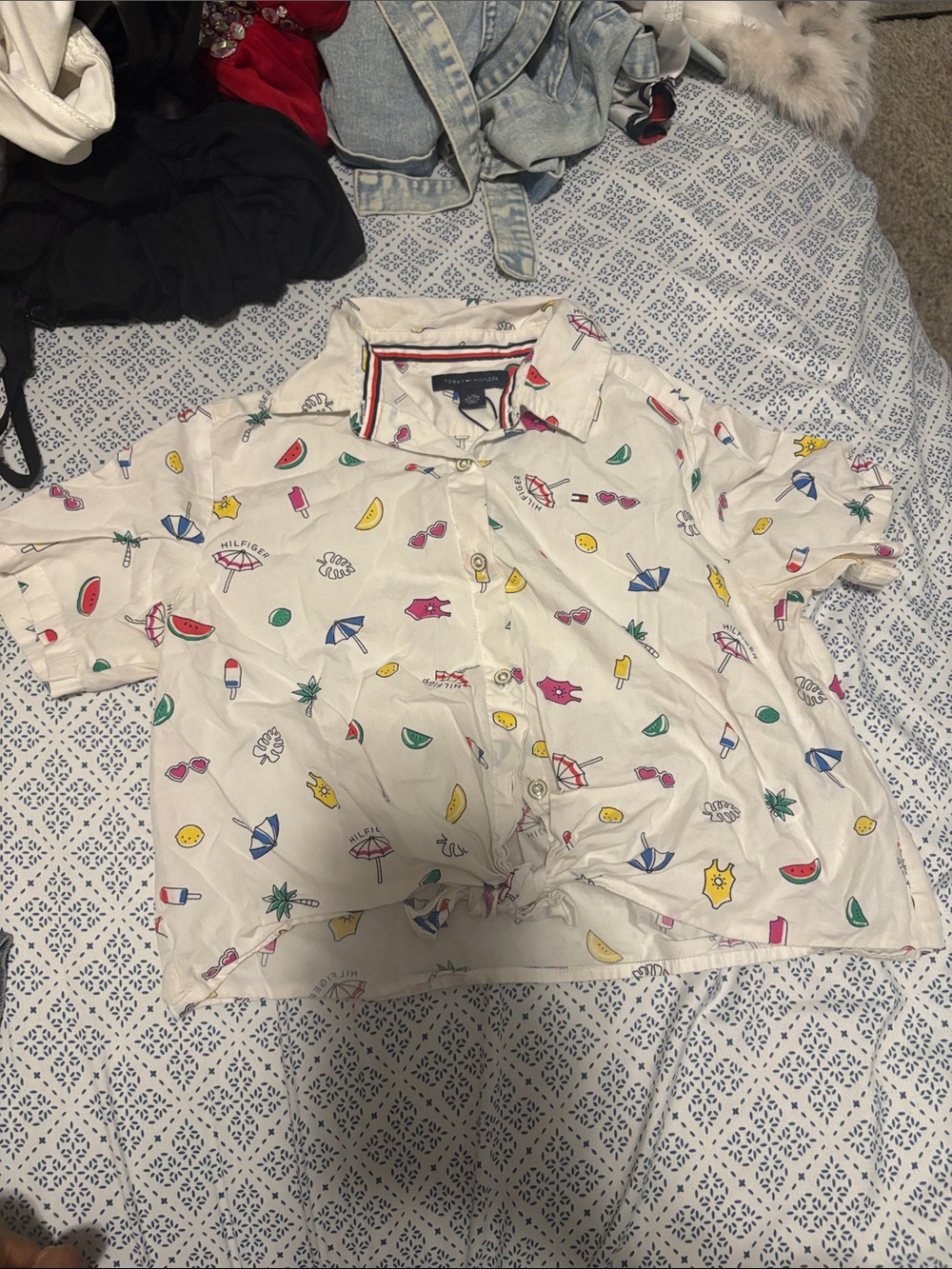 Tommy Hilfiger White Cropped Button-Up Shirt with Multicolor Summer Print - Picture 1 of 1